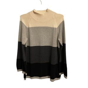 Charter Club Womens Petite PXL Mock Neck Colorblock Sweater Grey Black Cream